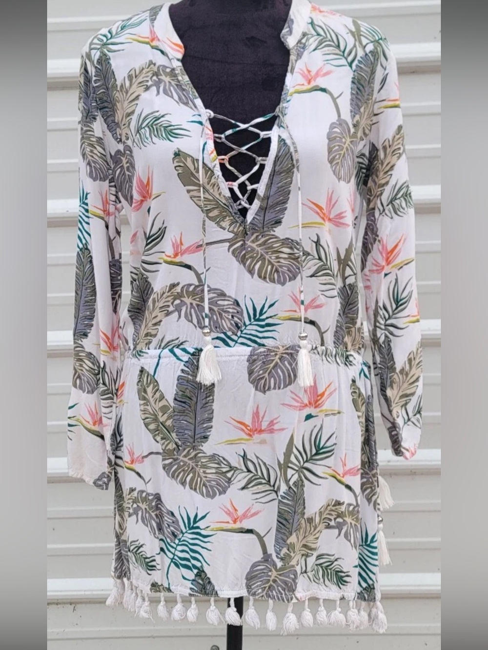 blue island White Tropical Leaf & Coral Floral Tie-Front Cover-Up